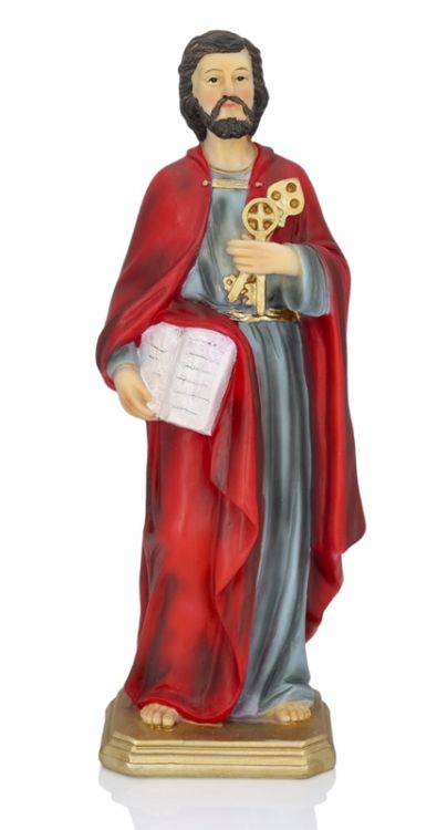 Figura św. Piotra Apostoła 30 cm z żywicy, trzymającego złoty i srebrny klucz oraz księgę.
