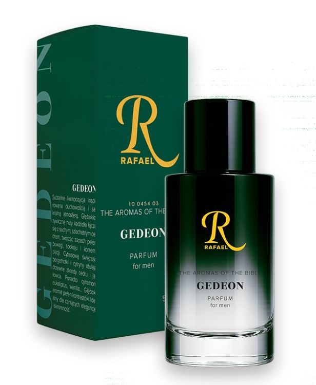 Flakon perfum męskich GEDEON z kolekcji Aromaty Biblii na tle biblijnej grafiki.