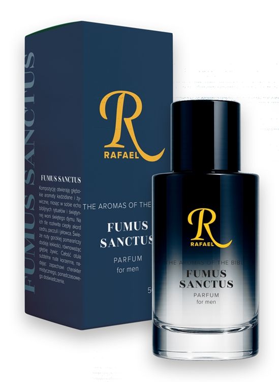 Flakon perfum męskich FUMUS SANCTUS z kolekcji Aromaty Biblii na tle biblijnej grafiki.