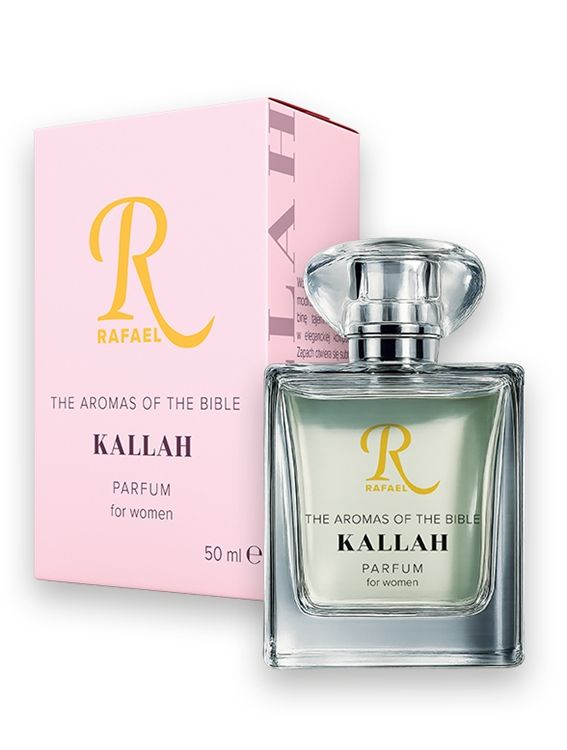 Flakon perfum damskich KALLAH z kolekcji Aromaty Biblii na tle biblijnej grafiki