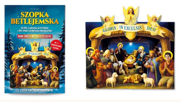 Papierowa szopka betlejemska 3D do składania, postacie Świętej Rodziny oraz bł. Carlo Acutisa i Pier Giorgia Frassatiego.
