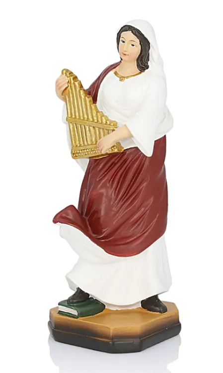 Figurka św. Cecylii o wysokości 15 cm, trzymająca małe organy, patronka muzyki kościelnej.