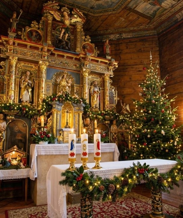 Trzy świece ołtarzowe olejowe z wizerunkiem Świętej Rodziny i Poinsecji. Widoczne mosiężne wkłady z pomarańczowym pokrętłem regulacji knota.