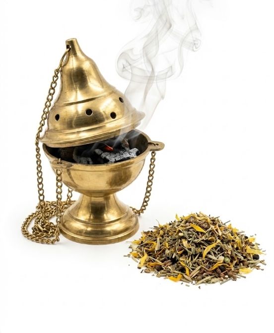 Rozpalony trybularz mosiężny z dymem i rozsypane naturalne kadzidło ziołowe na białym tle