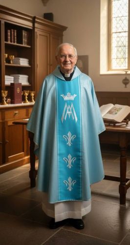 Starszy ksiądz w zakrystii kościoła noszący niebieski Ornat Maryjny AS656 z haftem litery M i lilii.