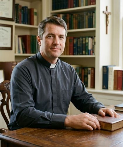 Ksiądz w grafitowej koszuli kapłańskiej podczas pracy w kancelarii parafialnej