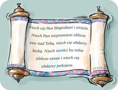 Podkładka pod mysz z grafiką biblijnego zwoju i tekstem błogosławieństwa Niech Cię Pan błogosławi i strzeże.