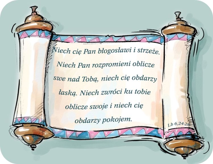 Podkładka pod mysz z grafiką biblijnego zwoju i tekstem błogosławieństwa Niech Cię Pan błogosławi i strzeże.