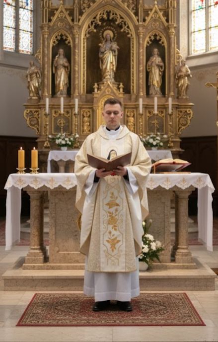 Kapłan przy ołtarzu w uroczystym ornacie ze św. Ritą sprawujący liturgię w kościele