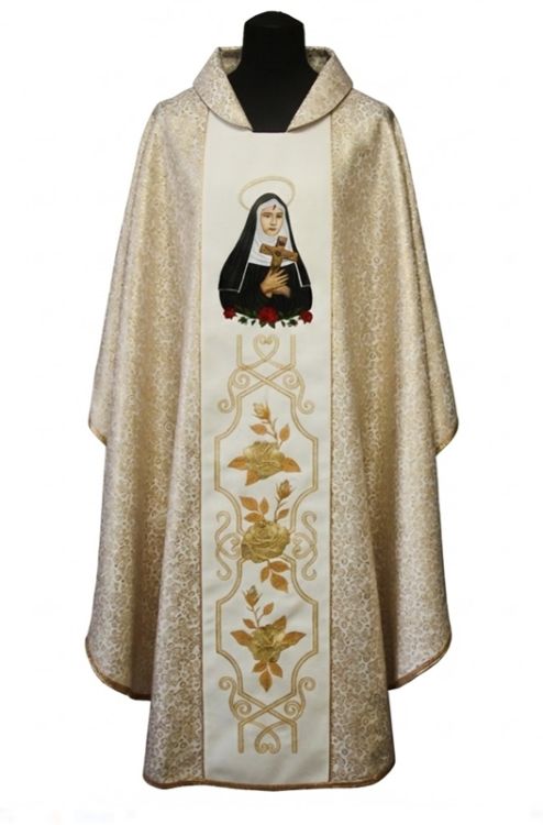 Ornat liturgiczny ze Świętą Ritą - precyzyjny haft postaci z krzyżem i motywem złotych róż na pasie | Asga Kierlikówka producent szat liturgicznych