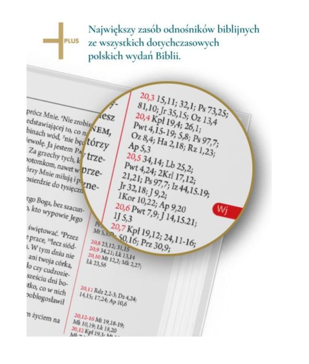 Zbliżenie na fakturę białego płótna okładki Biblii Plus ze złotym symbolem drzewa życia. Estetyczne wydanie Pisma Święteg