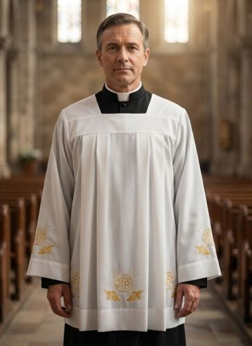 Ksiądz katolicki w białej komży z żorżety ze złotym haftem IHS i motywem kłosów, stojący w nawie kościoła.