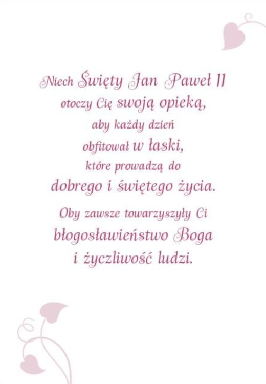 Karnet okolicznościowy z wizerunkiem św. Jana Pawła II w złotej aureoli i napisem "Życzę Ci opieki".