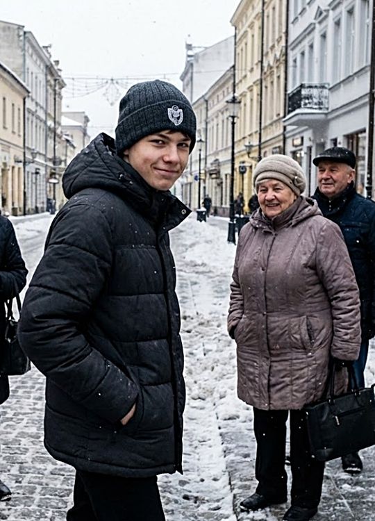 Ministrant ubrany w zimową czapkę z  białym haftowanym herbem ministranta, widok z przodu.