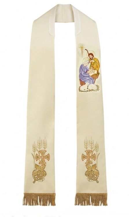 Kremowa stuła liturgiczna z haftem Świętej Rodziny u góry i symbolami eucharystycznymi na dole, wykończona złotymi frędzlami.