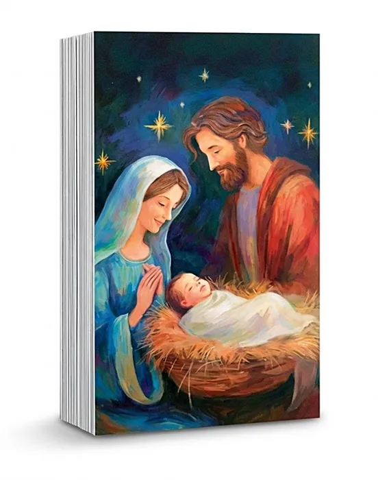 Obrazek kolędowy przedstawiający Maryję i Józefa pochylonych nad Jezusem na tle gwiaździstego nieba, pamiątka wizyty duszpasterskiej.