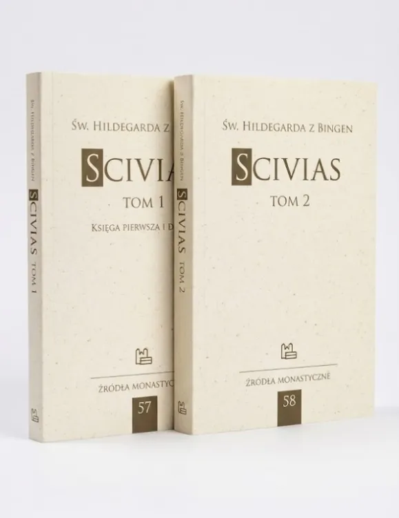 Dwie książki stojące obok siebie na białym tle. Okładki Scivias Tom 1 i Scivias Tom 2 św. Hildegardy z Bingen, z serii Źródła Monastyczne (57 i 58) Tyniec Wydawnictwo z Krakowa
