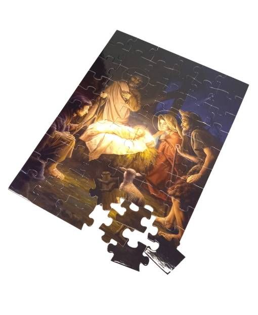 Edukacyjne puzzle 60 elementów (33x22 cm) w solidnym kartonie. Scena Nocy Betlejemskiej.