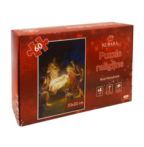 Edukacyjne puzzle 60 elementów (33x22 cm) w solidnym kartonie. Scena Nocy Betlejemskiej.