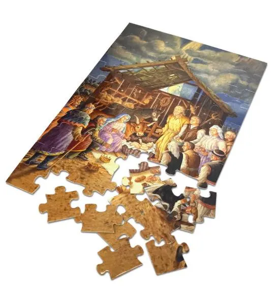 Puzzle 60 elementów (33x22 cm) przedstawiające jasną scenę w stajence.