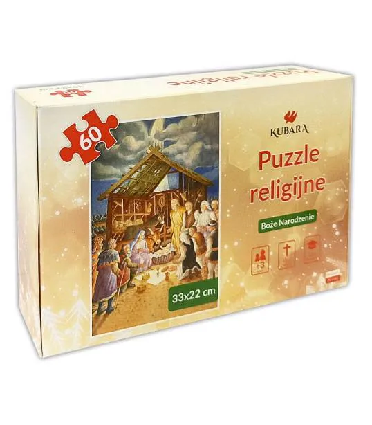 Puzzle 60 elementów (33x22 cm) przedstawiające jasną scenę w stajence.