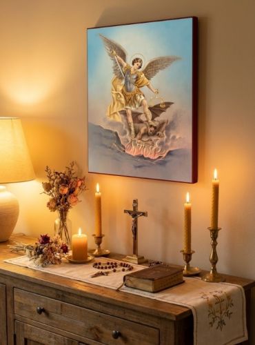 Drewniany obraz Święty Michał Archanioł zawieszony nad domowym ołtarzykiem – inspiracja na kącik modlitewny i miejsce duchowego wyciszenia