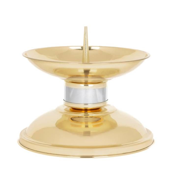 Niski, niklowany lichtarz ołtarzowy (10 cm) na szerokiej podstawie, dedykowany do świec soborowych.