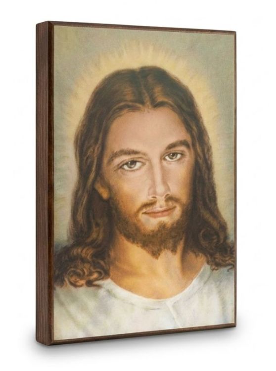 Portret twarzy Jezusa Miłosiernego z obrazu, reprodukcja na drewnianej desce w formacie 10x15 cm.