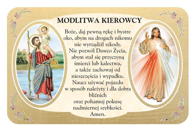 Złota plakietka do samochodu z tekstem Modlitwy Kierowcy oraz wizerunkami św. Krzysztofa niosącego Dzieciątko i Jezusa Miłosiernego.