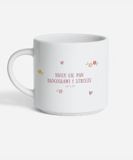 Tył kubka dla Babci z cytatem biblijnym Niech Cię Pan błogosławi i strzeże oraz motywem kwiatowym.