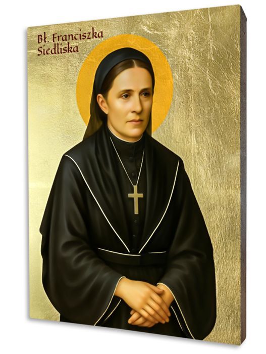 Ikona religijna na desce przedstawiająca Błogosławioną Franciszkę Siedliską w czarnym habicie zakonnym ze srebrnym krzyżem.