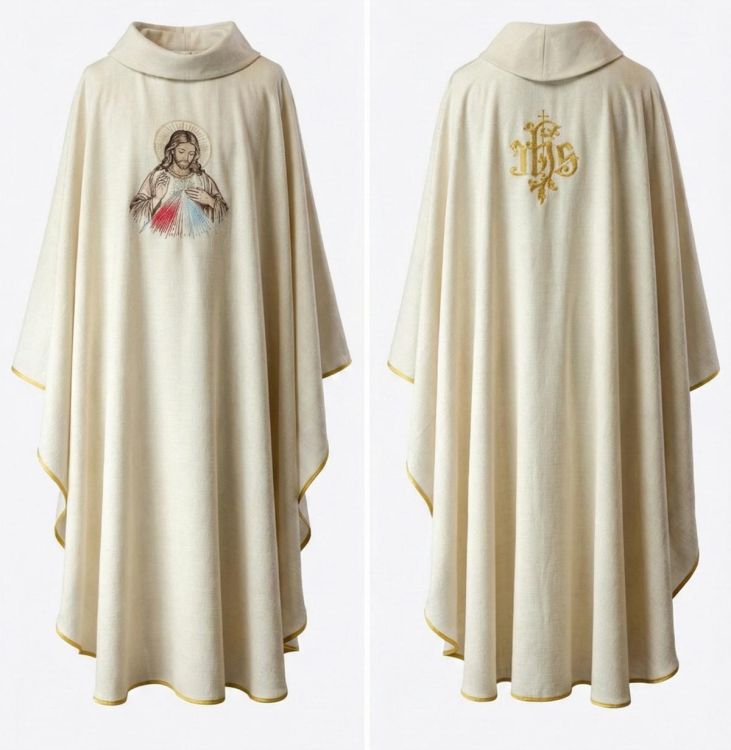 Ornat liturgiczny ecru z haftowanym wizerunkiem Jezusa Miłosiernego i promieniami Haftina ornaty