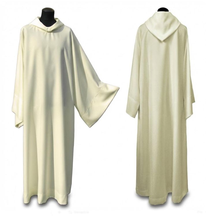 Alba monastyczna ecru z dużym kapturem i szerokimi rękawami, przód i tył szaty liturgicznej - ASGA Kierlikówka