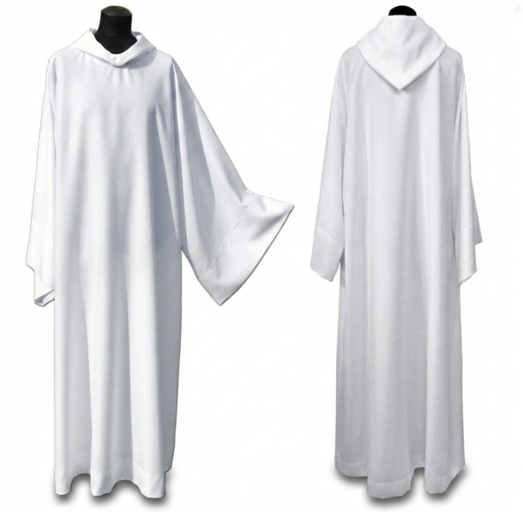 Biała alba monastyczna dla kapłana wkładana przez głowę szerokie rękawy kaptur bez zamka