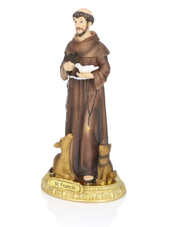 Figurka św. Franciszka z profilu trzymającego gołębia i krzyż w brązowym habicie