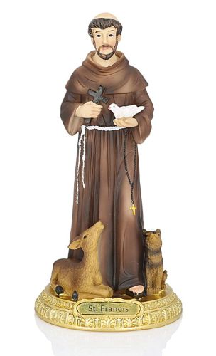 Figurka Święty Franciszek z Asyżu z wilkiem z Gubbio i sarną na złotej podstawie