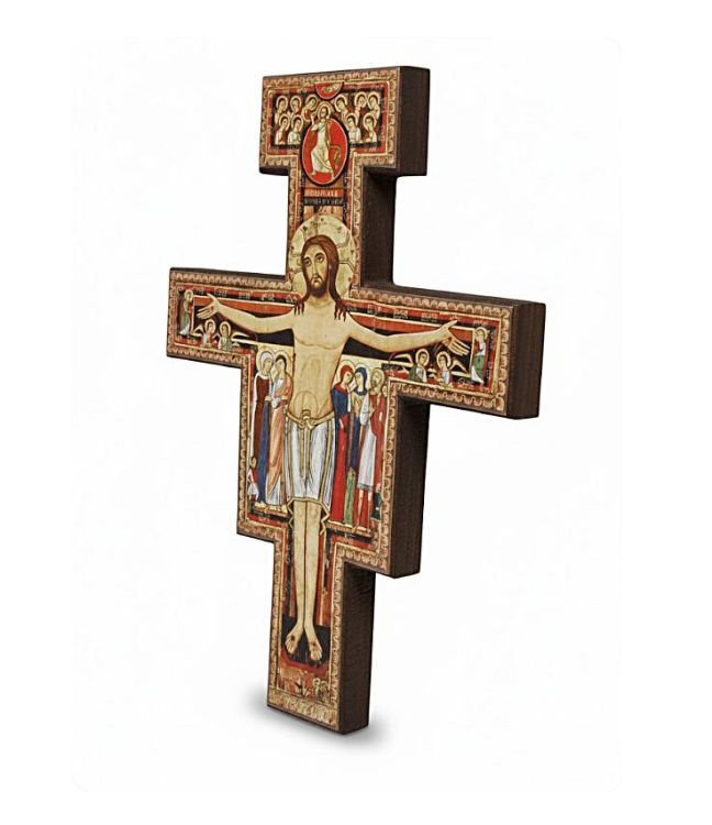 Mały Krzyż San Damiano 18 cm z wizerunkiem Chrystusa Zmartwychwstałego na desce.