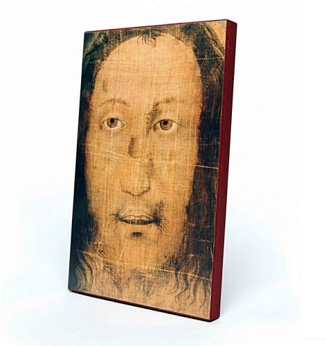 Ikona Oblicze Jezusa z Manoppello (Volto Santo) na drewnianej desce z wyraźną teksturą płótna i detalami twarzy Chrystusa.