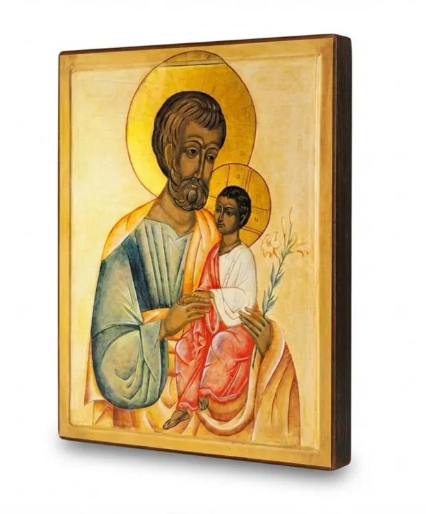 Reprodukcja ikony Świętego Józefa z lilią i Dzieciątkiem Jezus na drewnianej desce – zbliżenie na detale twarzy.