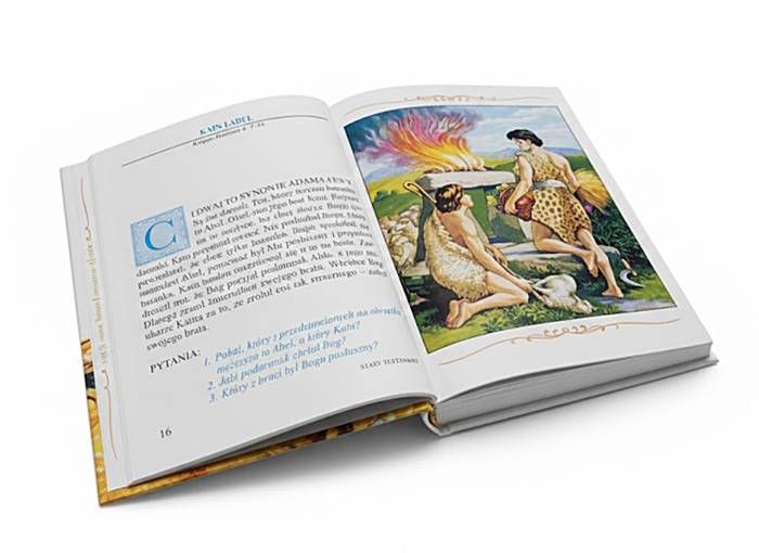Biblia w obrazkach dla najmłodszych wnętrze książki z legendarnymi ilustracjami.