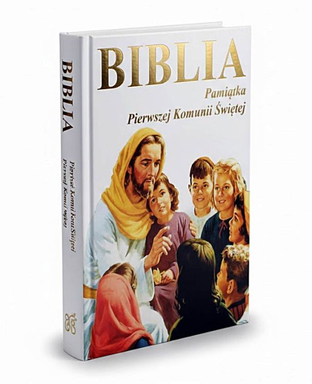 Biblia w obrazkach dla najmłodszych – biała twarda oprawa ze złotym napisem Pamiątka Pierwszej Komunii Świętej.
