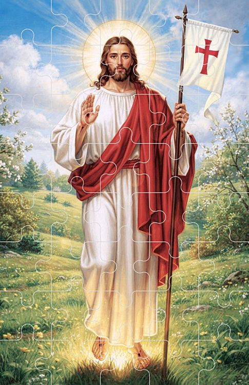 Puzzle religijne dla dzieci przedstawiające Chrystusa Zmartwychwstałego z chorągwią na tle wiosennego krajobrazu.