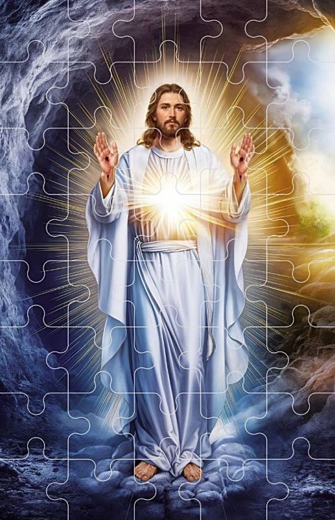 Puzzle religijne przedstawiające postać Chrystusa Zmartwychwstałego w jasnych, niebiańskich barwach z promieniami światła.