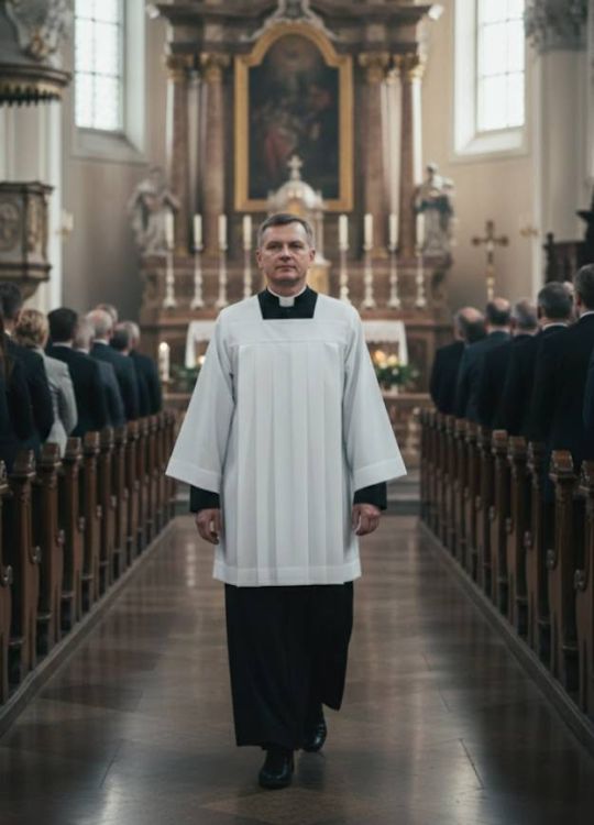 Komża kapłańska prosta rzymska biała szata liturgiczna odporna na zagniecenia do codziennej posługi i spowiedzi