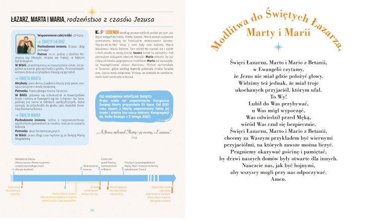 Strony z książki Święci Bracia i Siostry zawierające biogramy Łazarza, Marty i Marii oraz tekst Modlitwy do Świętych z Betanii.