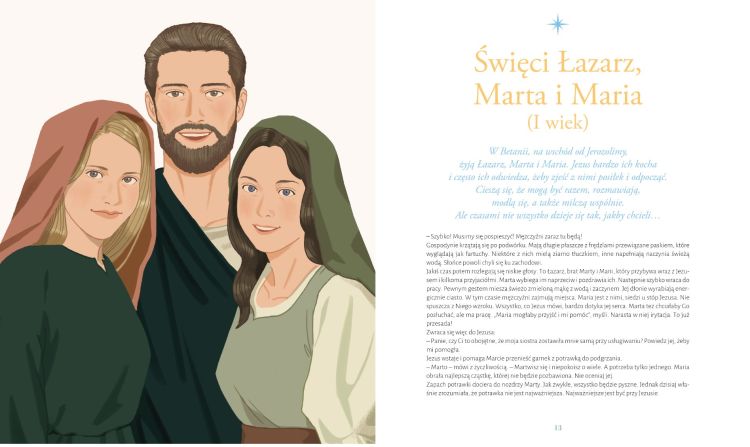 Ilustracja przedstawiająca portret Świętego Łazarza oraz Świętych Marty i Marii obok tekstu opowiadania o ich życiu w Betanii