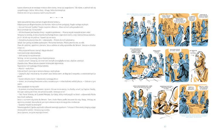Strony z książki dla dzieci Święci Bracia i Siostry z kolorowym komiksem obrazującym biblijne wydarzenia z życia rodzeństwa z Betanii