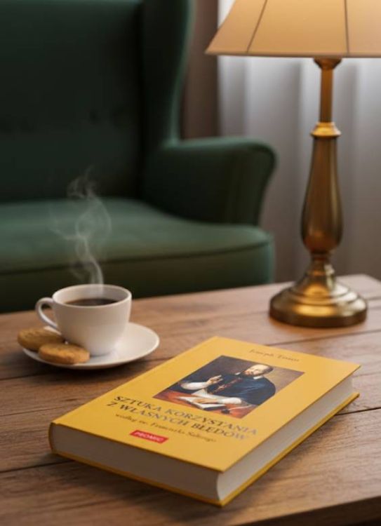 Książka Sztuka Korzystania z Własnych Błędów leżąca na drewnianym stoliku obok filiżanki kawy – lektura duchowa do codziennego czytania