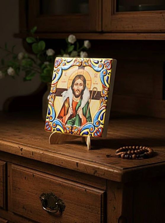 Obrazek Chrystus Dobry Pasterz ceramika reliefowa 12x12 cm fars.it podstawka drewniana