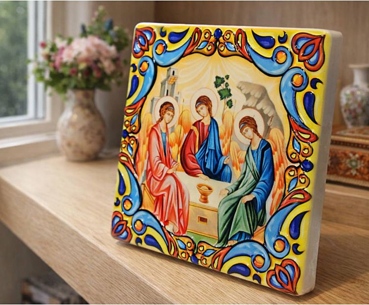 Obrazek Trójca Święta Rublowa ceramika reliefowa 12x12 cm fars.it podstawka drewniana